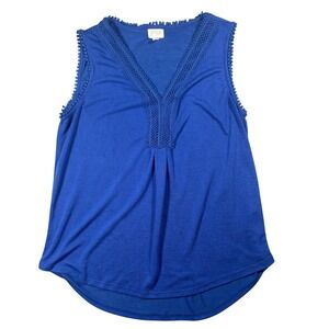 Greige Royal Blue Sleeveless V-Neck Crochet Lace Pom Pom Trim Tank L Beach Boho